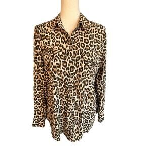 Chico's Cheetah Print Button Up Shirt Womens Size 2, Large Collared Pockets